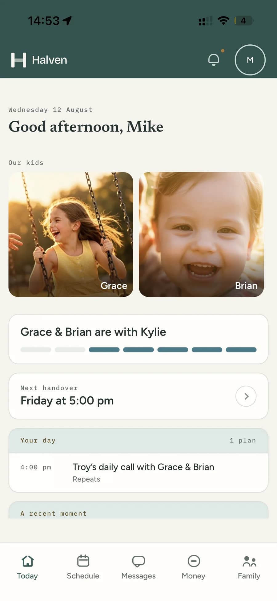 The Halven Today screen: the children, who they are with, the next handover and the day’s plan.