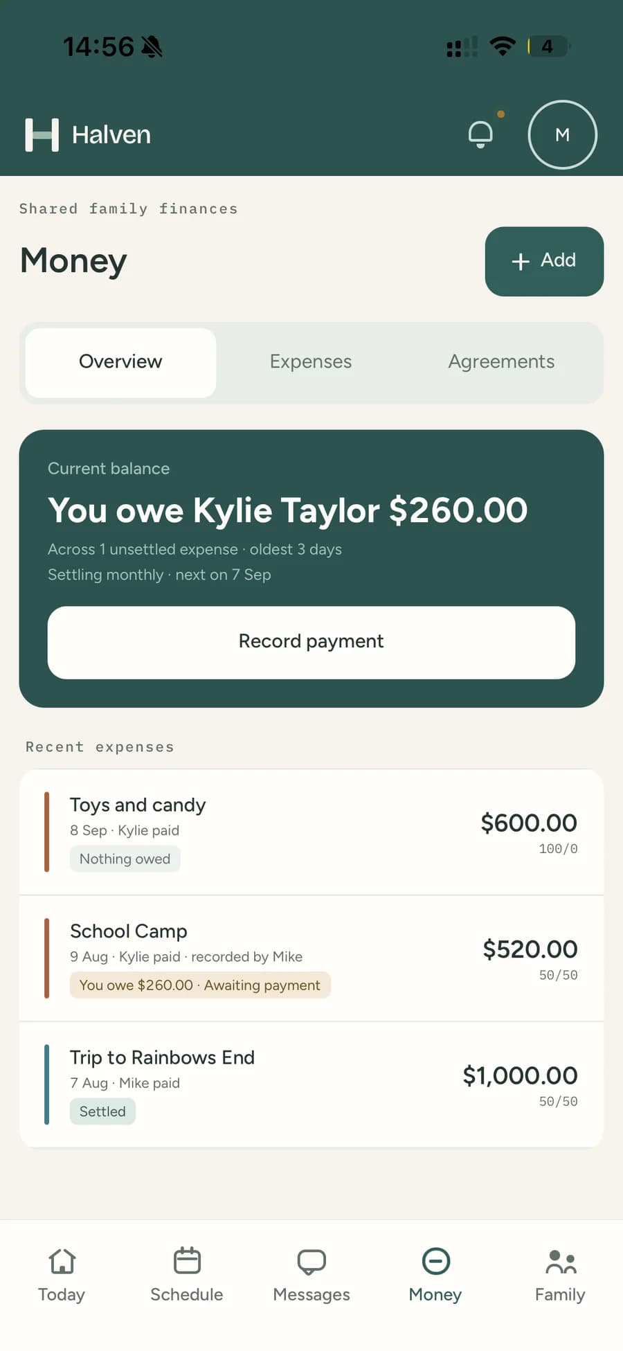 The Money screen, showing the current balance between parents and a list of recent shared expenses.