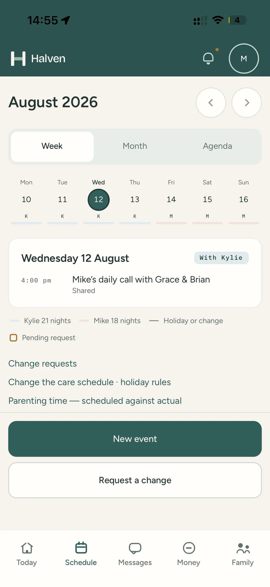 The Halven schedule for a week, showing who has care each day, the day’s events and the parenting-time legend.